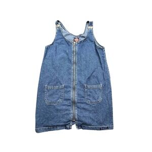 No Excuses Denim Dress Women Medium Blue Zip Front Pinafore Pocket Casual Cotton